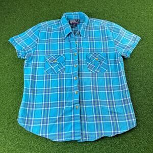 Quizz New York Blue Plaid Short Sleeve Button Up Shirt Cotton Large Pocket Top